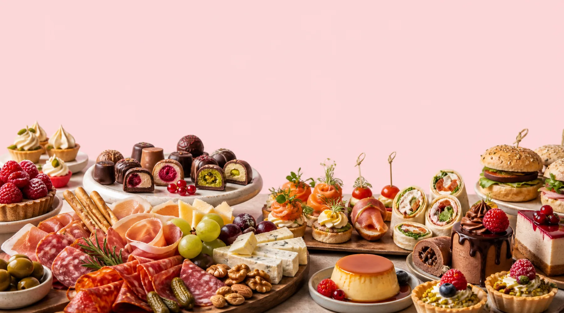 Mesa con charcutería, chocolates, bocadillos y repostería
